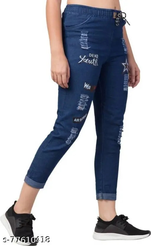 Dark blue denim jeans by Febrina Classic, printed net detailing on youth style fit