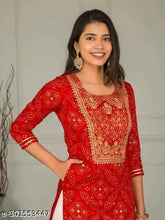 Red rayon kurti sharara with printed combo, three-quarter sleeves on model