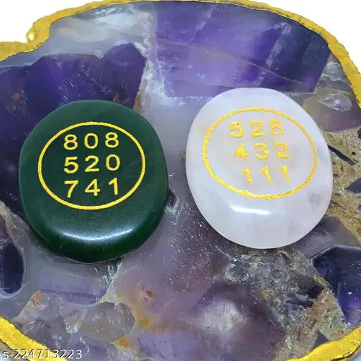 Green Jade & Rose Quartz Feng Shui Money Attraction Oval Cabochon Coin, crystal type with switchword healing nos. 808 520 741 for wealth and cash flow