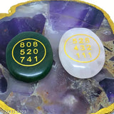Green Jade & Rose Quartz Feng Shui Money Attraction Oval Cabochon Coin, crystal type with switchword healing nos. 808 520 741 for wealth and cash flow