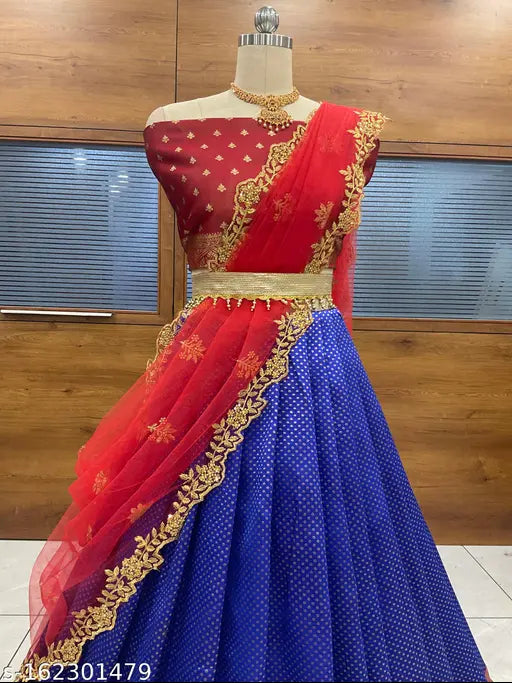 Art Silk lehenga choli and dupatta set, unstitched, featuring Zari and Jacquard designs with Lichi silk fabric and net accents, Indian craftsmanship