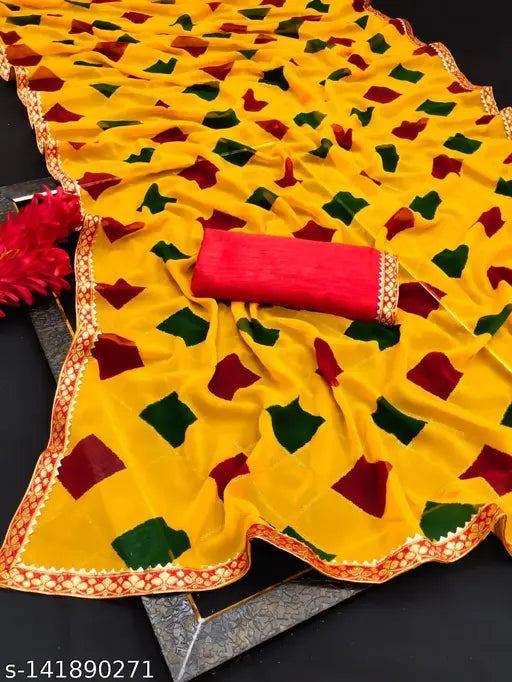 Yellow Georgette saree with Zari woven pattern and Art Silk running blouse, Rinayaa_Yellow festive wear from India