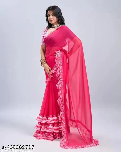 Georgette frills design saree with unstitched blouse piece, free size, 5.5m saree length, embroidered net blouse, Indian-made