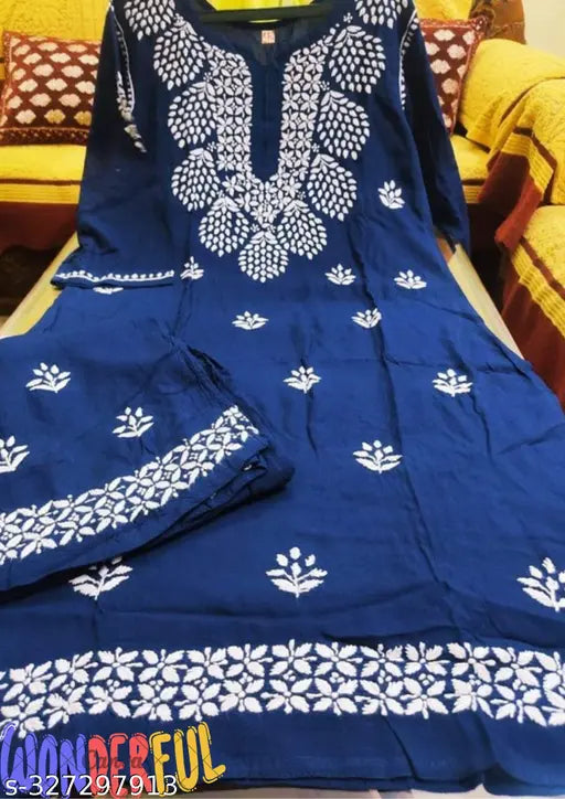 Rayon kurti and palazzos set, embroidered net, three-quarter sleeves, Indian women's fashion