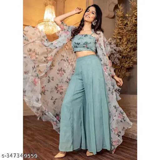 Grey Georgette ethnics top-bottom Plazzo set, flattering body fit, perfect for party wear