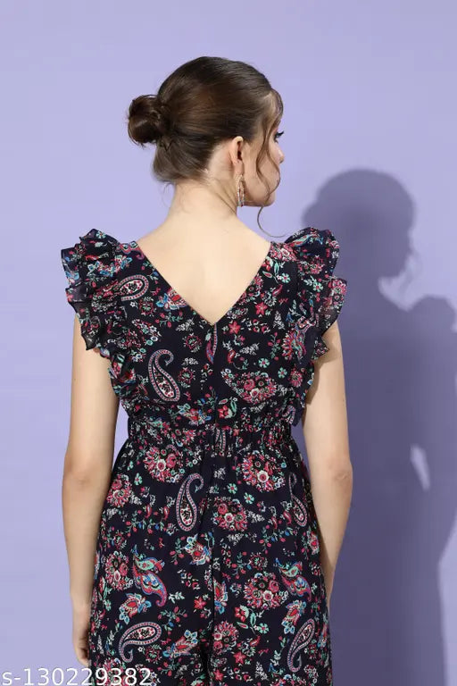Multicolor polyester jumpsuit, Miss Chase women's solid round neck, sleeveless, frill & tie-up detailing, navy blue floral base