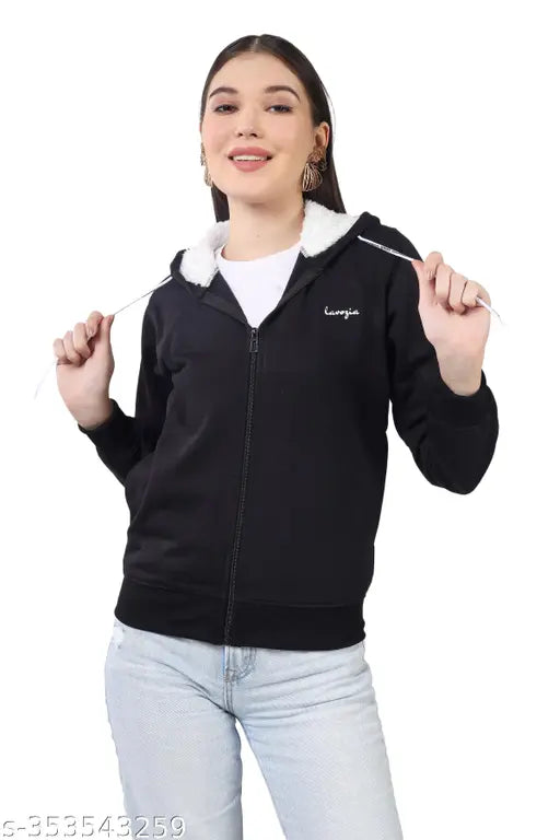 Cotton blend hooded jacket for women, solid color with side pockets, perfect for winters and casual outfits