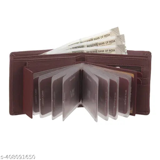 Brown artificial leather men's wallet, regular size (10 card slots), solid pattern. Durable, compact wallet with added photo and card sleeves for a stylish and practical accessory