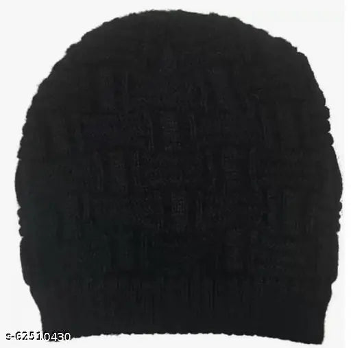 Stylish black wool checked beanie, unisex winter cap from India