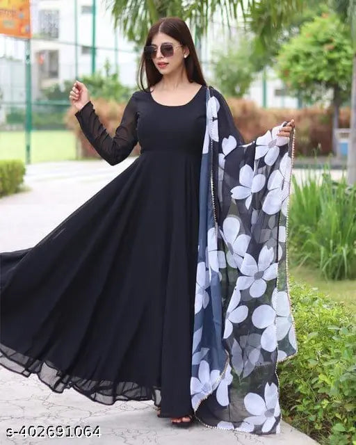 Black Georgette Kurti with Dupatta, full-stitched, long sleeves, flair flower print - Indian party wear