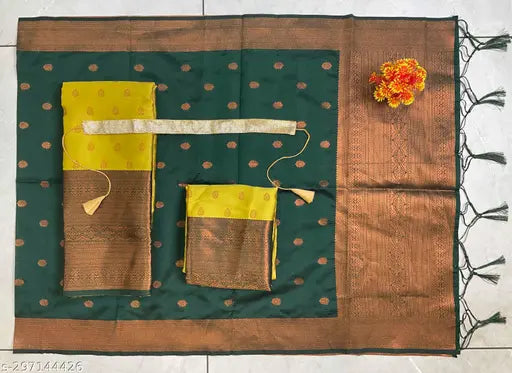 Art Silk South Indian style half saree with zari patterns, unstitched Lehenga (3.6m), Choli & Dupatta (2.45m) including belt, best quality fabric from India