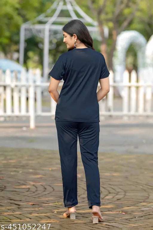 Printed polycotton women's solid night suit set with short sleeves, country of origin: India