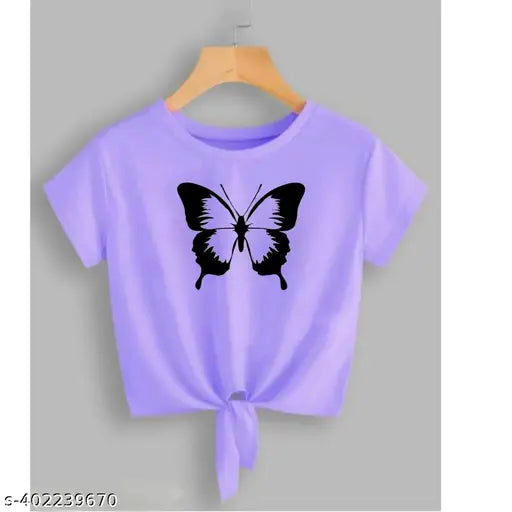 Dark lavender crop top with butterfly print, lycra fabric, short sleeves. Women's fashion accessory for casual summer wear, Indian origin