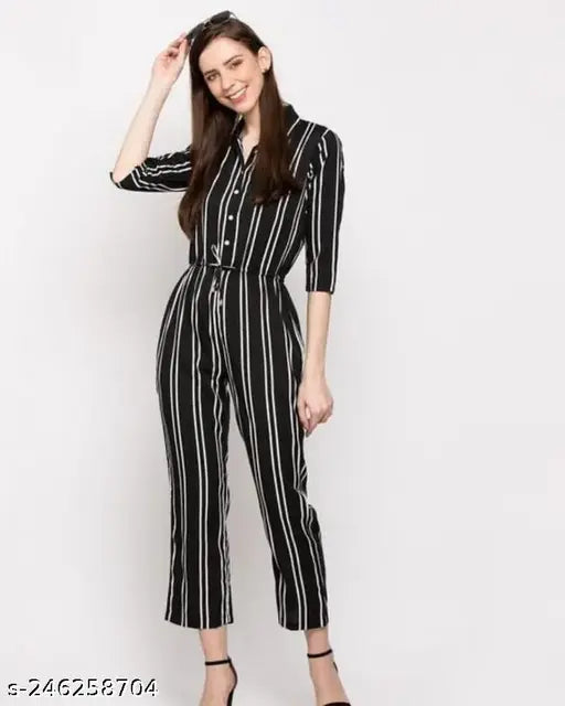 Black crepe striped jumpsuit with three-quarter sleeves, available in various sizes from XS to XL. Made in India