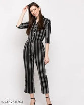 Black crepe striped jumpsuit with three-quarter sleeves, available in various sizes from XS to XL. Made in India