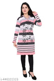 Trendy wool V-neck winter kurti for women, three-quarter sleeves, printed combo. Wool fabric, suitable for festive occasions and daily wear. Origin in India." (118 characters)