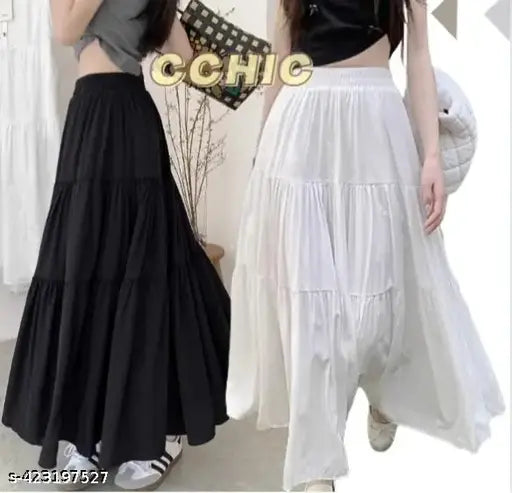 Rayon black and white solid skirt for women, fashionable wardrobe essential