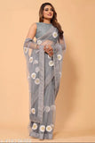 Elegant net floral embroidered saree with unstitched blouse piece, soft and lightweight for festive/party wear