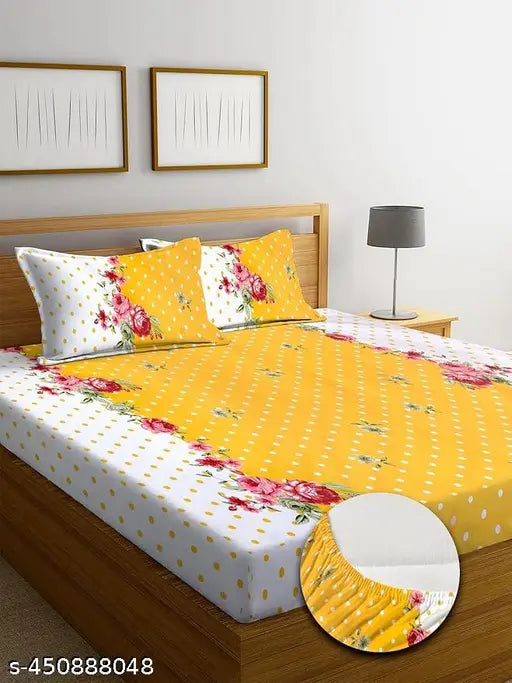 Gorgeous cotton floral double fitted bedsheet with 2 pillow covers, ideal for summer