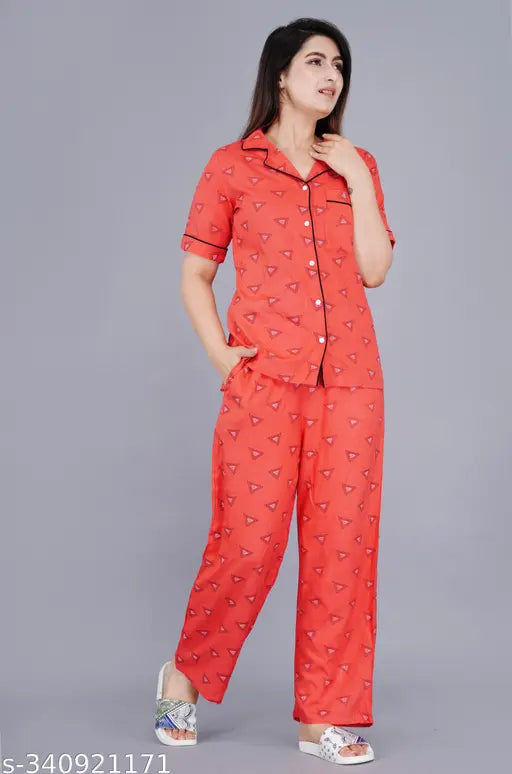 Rayon printed designer night suit set - short sleeve pyjama top and bottom with intricate pattern, available in S, M, L, XL, XXL, XXXL sizes