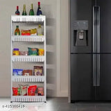 Plastic 5-layer storage organizer rack with wheels for kitchen, bedroom, bathroom. Ideal for narrow spaces, perfect for canned goods, spices, and laundry supplies