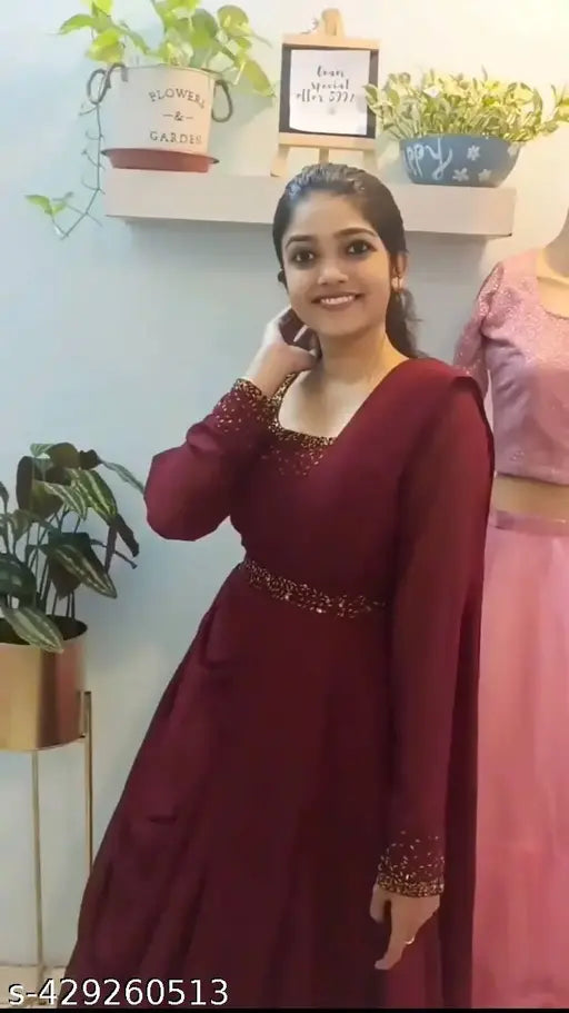 Maroon Georgette long sleeve dress, solid pattern, New Traditional Collection, fox finish work on neck and sleeves, includes belt and dupatta