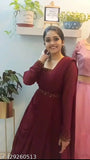 Maroon Georgette long sleeve dress, solid pattern, New Traditional Collection, fox finish work on neck and sleeves, includes belt and dupatta