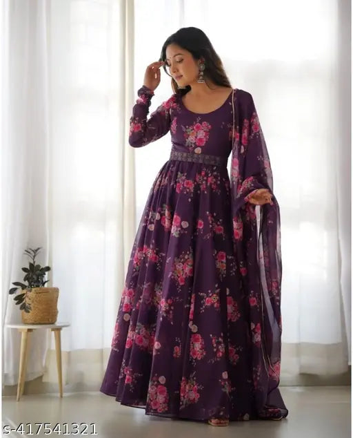 Purple Georgette gown with duppatta and belt, premium export quality for women and girls