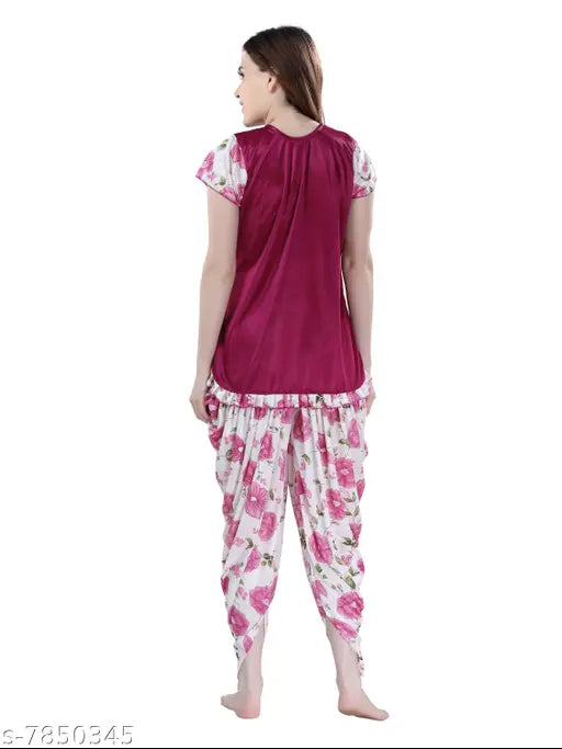 Divine alluring satin nightsuit in solid pattern, women's loungewear with patiala pants and short sleeves