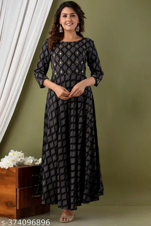 Rayon printed floral anarkali kurta for women and girls, light weighted, three-quarter sleeves - Indian festive wear