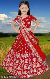 Red taffeta silk embroidered lehenga choli for girls (India), size 3-14 years