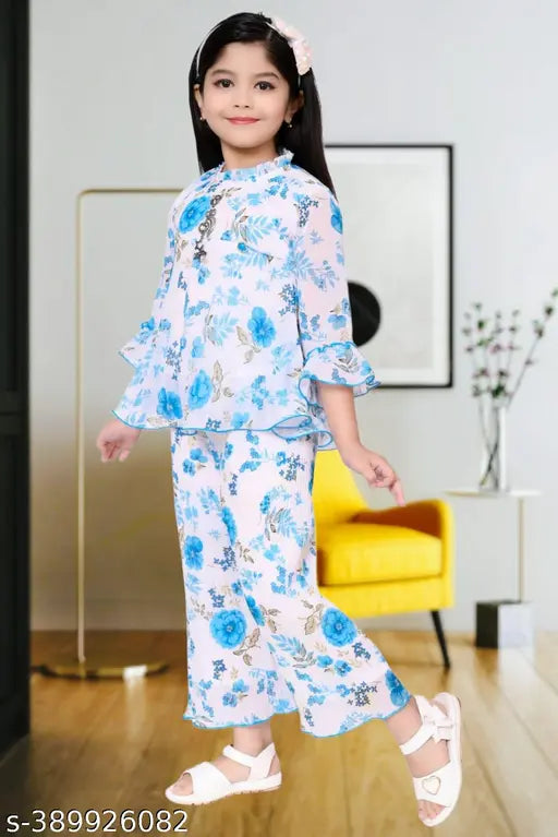 Chiffon printed kurta and palazzo set for kids, featuring three-quarter sleeves. Indian ethnic attire in sizes 3-24 months