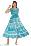 Aqua blue cotton Jaipuri printed midi dress, free size for every occasion - traditional, comfortable, and washable
