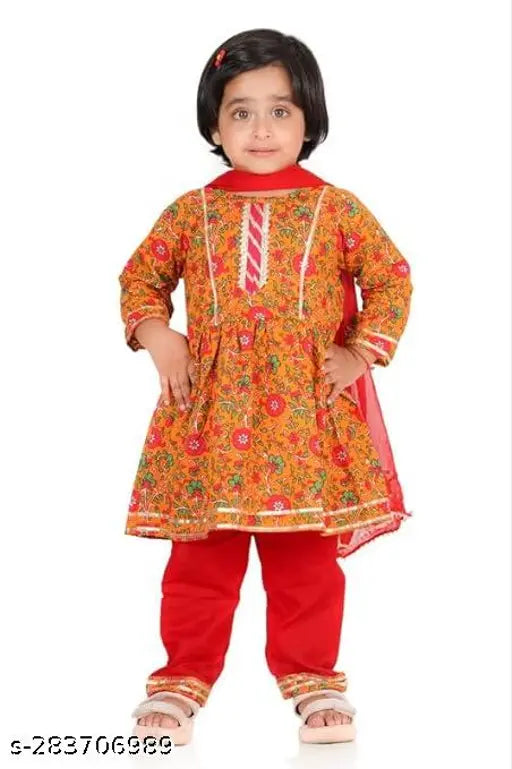 Blue cotton ethnic kurti and pant dupatta set for girls, printed floral design with three-quarter sleeves and knee-length, ideal for festive occasions in India