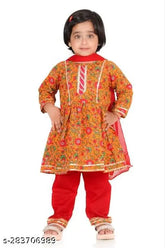 Blue cotton ethnic kurti and pant dupatta set for girls, printed floral design with three-quarter sleeves and knee-length, ideal for festive occasions in India