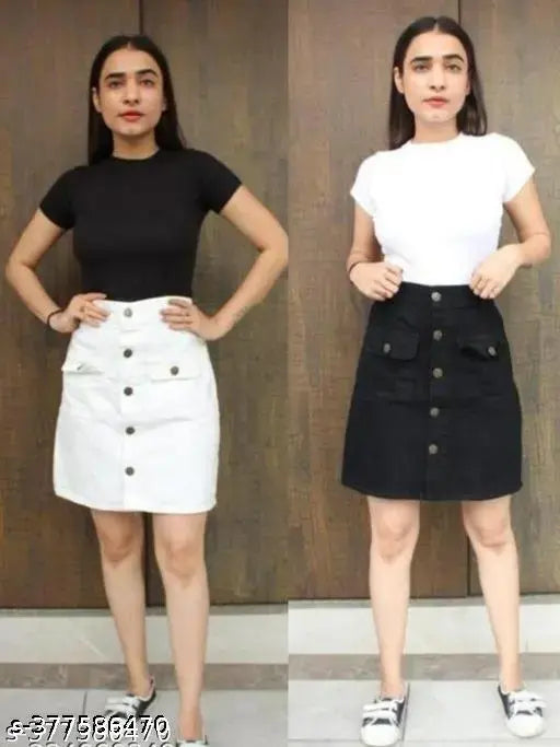 Black denim mini skirt & white denim mini skirt combo pack for women and girls, trendy stylish solid patterned skirts