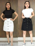 Black denim mini skirt & white denim mini skirt combo pack for women and girls, trendy stylish solid patterned skirts