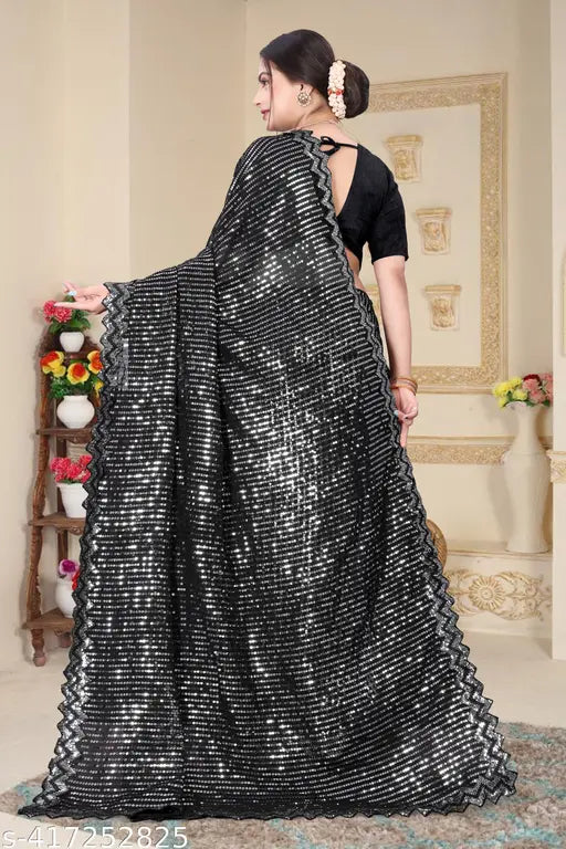 Embellished heavy Georgette sari with solid net running blouse, free size, Indian sequence embroidery on Myra Drishya Sarees
