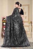 Embellished heavy Georgette sari with solid net running blouse, free size, Indian sequence embroidery on Myra Drishya Sarees