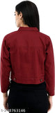 Maroon denim jacket, solid pattern, long sleeves, sizes S-XL. Close-up view on hanger