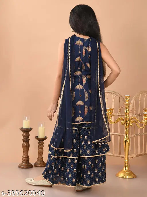 Grey rayon sharara set with umbrella design & dupatta - breathable, comfortable, and stylish girls ethnic wear for festive occasions