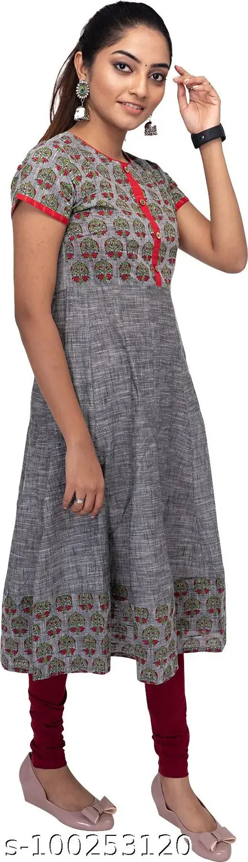 Grey cotton three-quarter sleeves printed flared kurti by Ranu - Indian crafted women's fashion wear