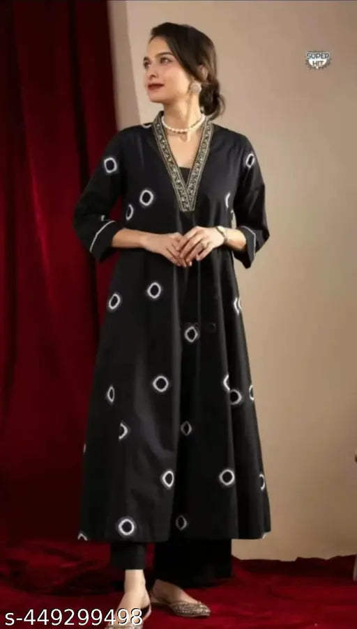 Rayon round print stylish kurta and palazzos set for women and girls, three-quarter sleeves, India-made fashion