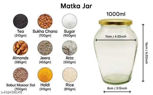 Transparent matka-style glass jars, airtight golden lids set of 6 for honey, pickles, chocolates, masala, and dry fruits storage in the kitchen