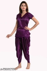 Purple satin Patiala night suit set: Half sleeves Patiyala top & pyjama, stylish sleepwear for women