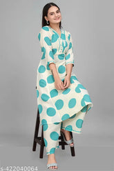 Polly cotton V-neck polka dot print kurta palazzo set with one side pocket - Indian ethnic wear for women in sizes S-XXXL