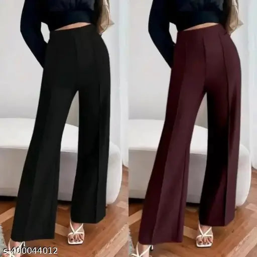 Cotton blend bell-bottom trousers for women in solid net, offering tailored fits and versatile styles. Available in sizes 28, 30, 32, 34 (Waist: 28/30/32/34, Hip: 36/38/40/42, Length: 37in)
