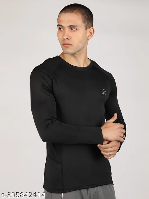 Black solid round polyester active t-shirt for men by Chkokko. Double-stitched long sleeves, moisture transport system. Available in S-XXXL sizes, made in India