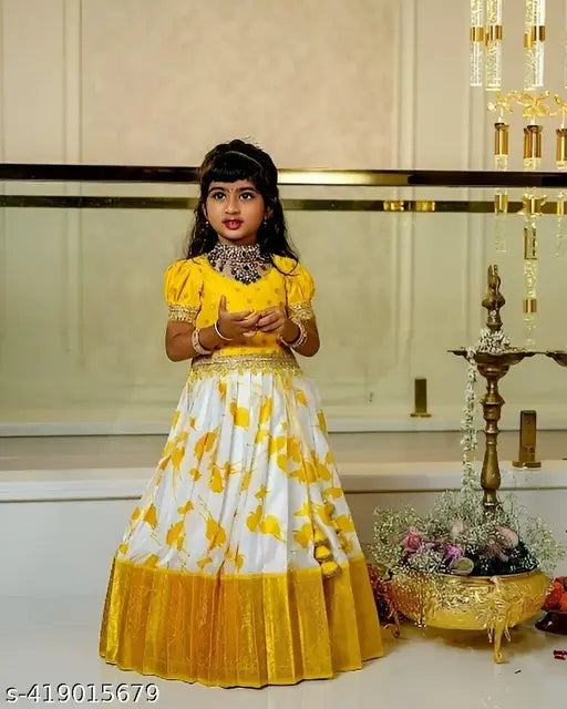 Soft silk ruffled lehenga choli dress with puff sleeves, botanical print for kids, traditional South Indian girl style, jacquard lehenga, multiple sizes available from 12-13 years old