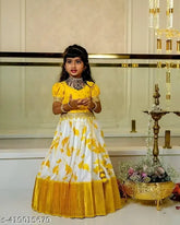 Soft silk ruffled lehenga choli dress with puff sleeves, botanical print for kids, traditional South Indian girl style, jacquard lehenga, multiple sizes available from 12-13 years old